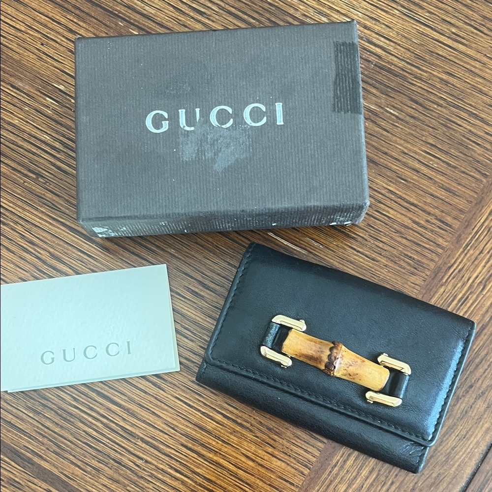 Gucci Black Leather Key Holder with Bamboo Accent